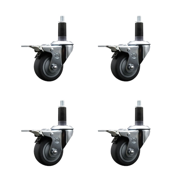 3'' SS Thermoplastic Rubber Swivel 1-1/8'' Expanding Stem Caster Set Total Lock Brake, 4PK